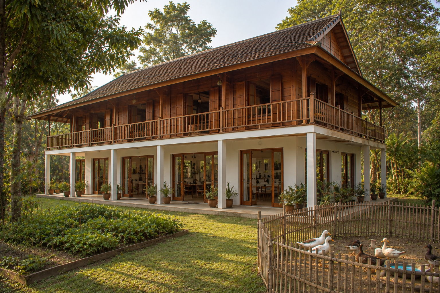 Illustrative reconstruction of a large, high-ceilinged two-storey Lanna-style house with a white cement ground floor, teak upper floor, garden and duck area