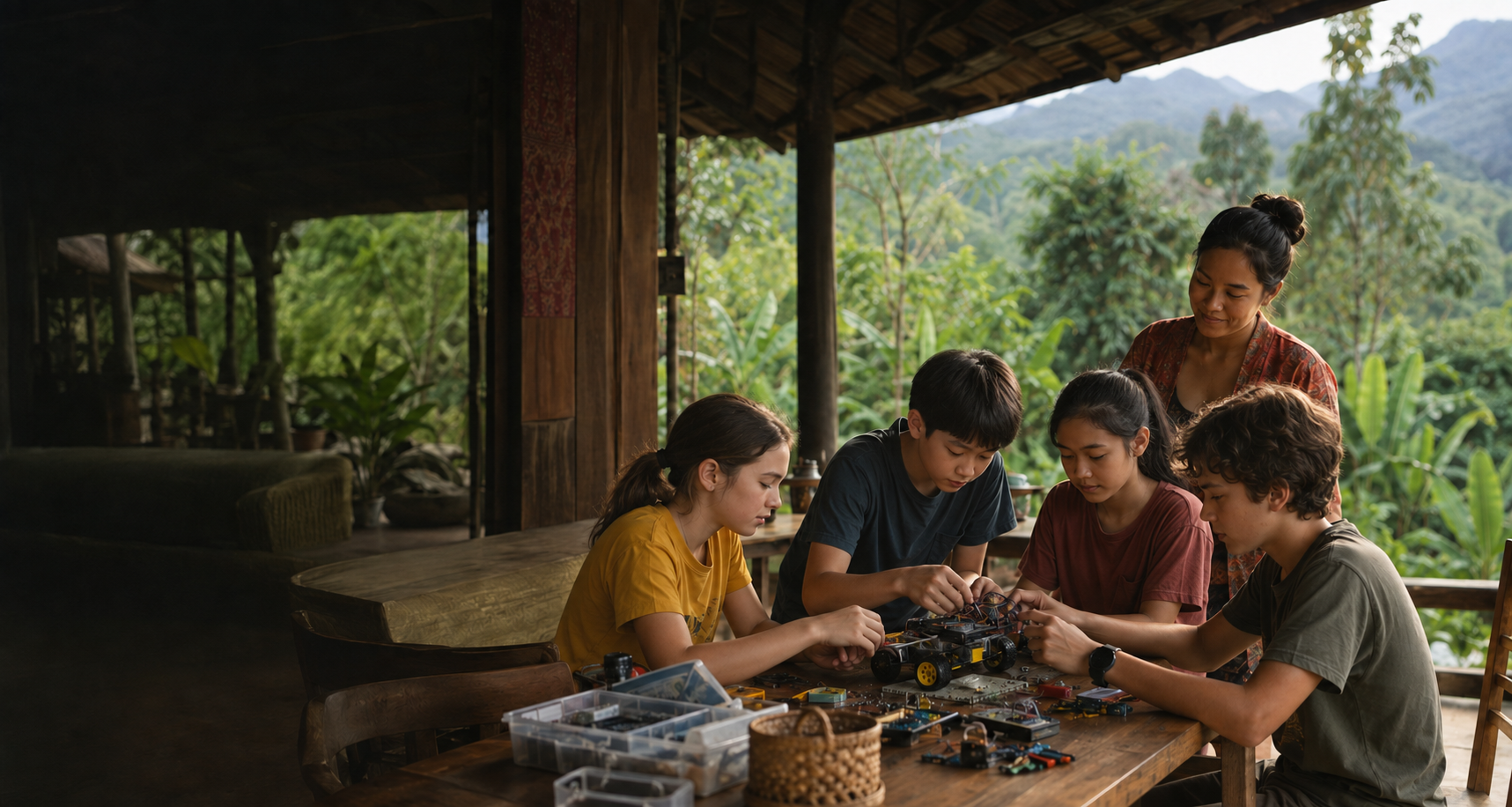 Children collaborating on a robotics challenge in an open-air Chiang Mai learning space