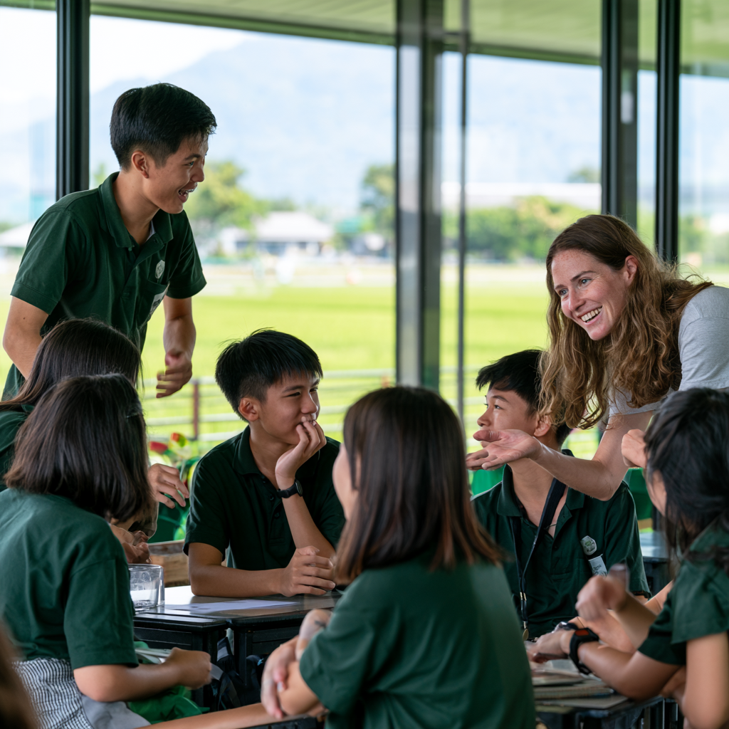 A Guide and young learners exchanging ideas around a table